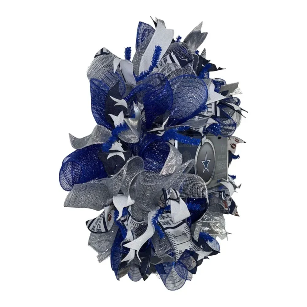 Premium Dallas Cowboys Wreath | Blue Silver Mesh Door Decor | NFC East 1960 Sign